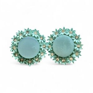 Vintage Japan Aqua Blue Floral Rhinestone Clip-On Earrings
